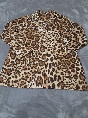 Hinson Wu Womens Leopard Print Button-Up Shirt Cotton Brown & Tan Sz. 10